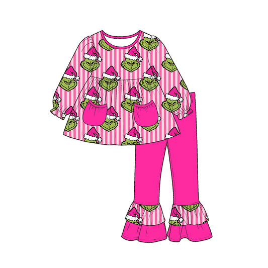 Baby Girls Pink Stripe Frogs Pockets Tunic Ruffle Pant Christmas Clothes Set Preorder