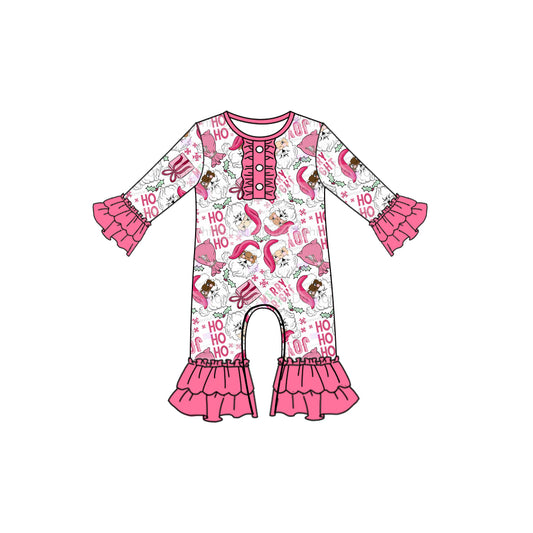 Preorder moq 5 Baby Girls Long Ruffle Sleeves Holly Santa Button Pant Rompers