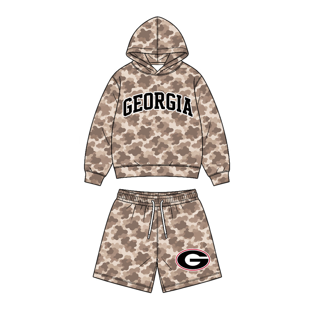 Preorder (moq 5) Baby Boy Clothes Georgia G Logo Camo Print Long Sleeve Hoodie & Elastic Waist Short Set