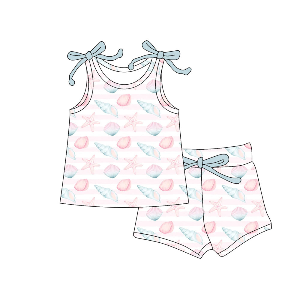 Preorder (moq 5)Baby Girls Bows Sleeveless Sea World Top Short Clothes Sets