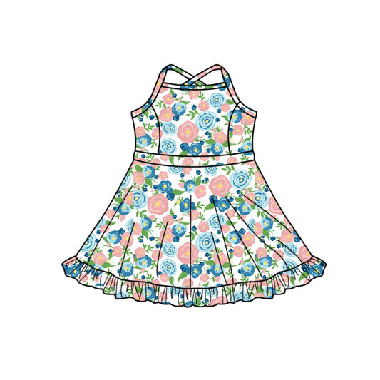 Preorder (moq 5)Baby Girls Strap Colorful Flowers Ruffle Shorts Knee Length Dresses