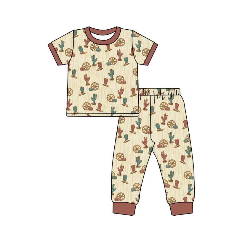 Preorder moq 5 Baby Boys Khaki Short Sleeves Boots Cactus Top Pants Pajamas Set