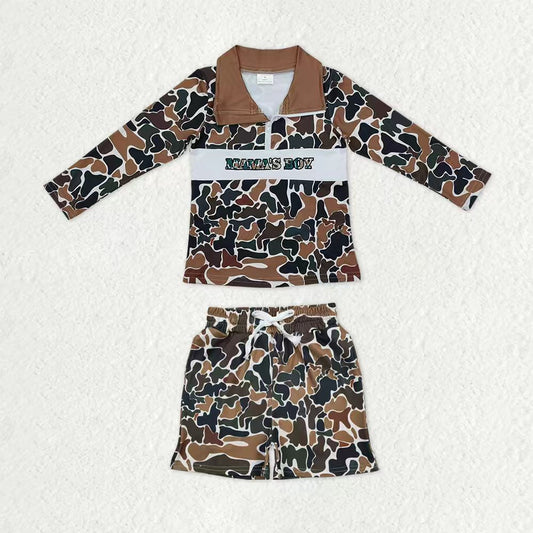 Baby Boys Southern Dark Brown Camo Embroidery Mama's Boy Zip Pullover Pockets Shorts Clothes Sets