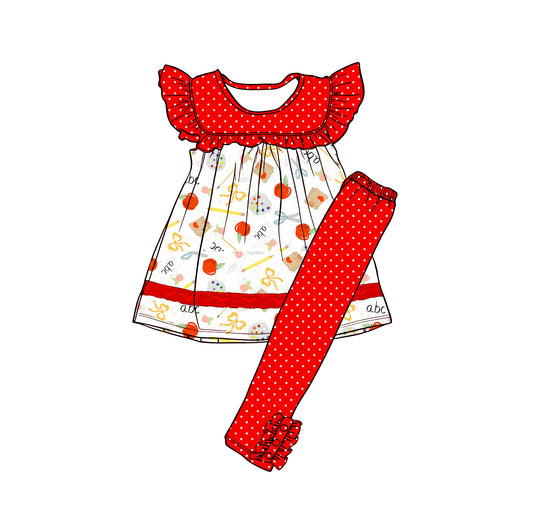 Preorder (moq 5)Baby Girls Apples Pencils Stripe Tunic Polka Dots Leggings Back to School Clothes Sets
