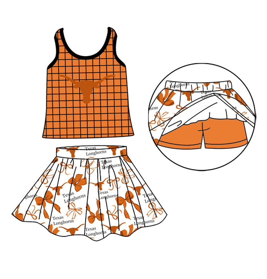 Preorder (moq 5)Baby Girls Orange Checked Texas Longhorns Top Bows Skirt Short Team Set