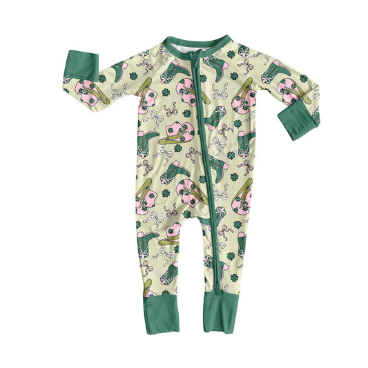 Preorder (moq 5)Baby Girls Clovers Boots Hats St Patrick Western Zipper Footie Rompers