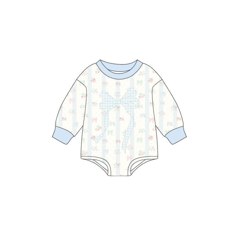 Preorder (moq 5)Baby Girls Blue Bows Flowers Long Sleeve Rompers