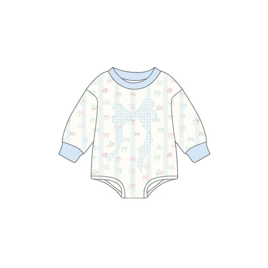 Preorder (moq 5)Baby Girls Blue Bows Flowers Long Sleeve Rompers