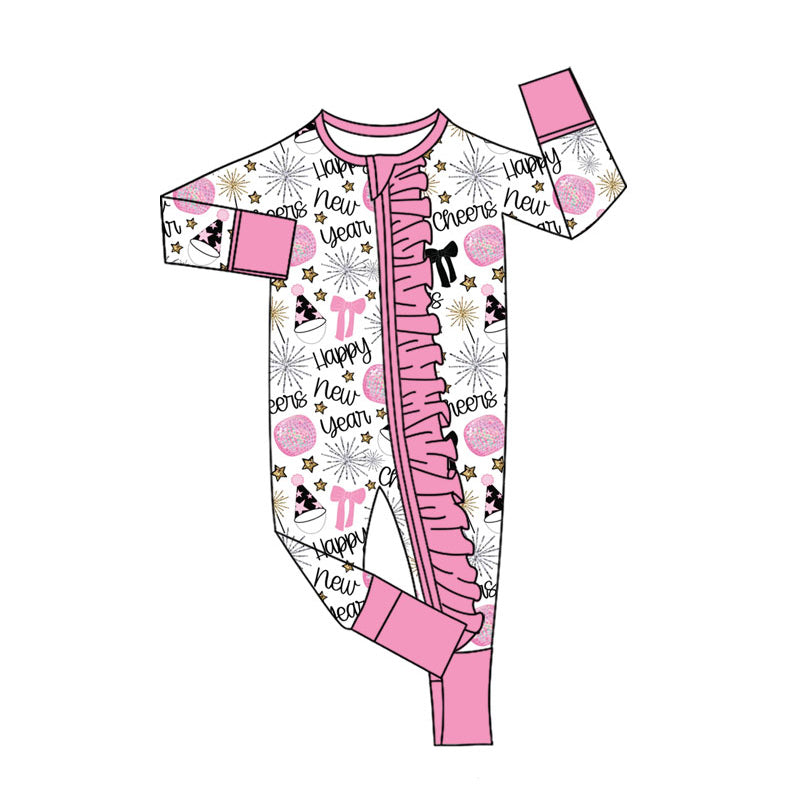 Preorder (moq 20)Baby Girls Bamboo Bows Cheers Happy New Year Zippy Footie Rompers