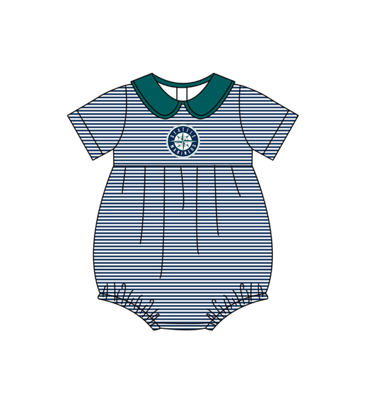 Preorder (moq 5)Baby Girls Short Sleeve Seattle Mariners Stripe Team Ruffle Rompers