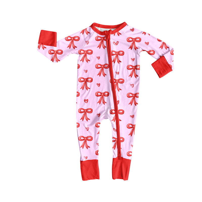 Preorder(moq 8)Baby Girls Bows Hearts Plaid Valentine Zipper Footie Rompers