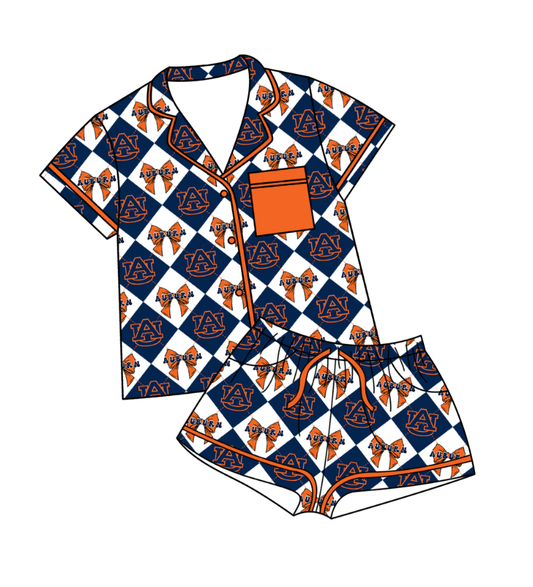 Preorder moq 5 Baby Girls AU Bows Checked Button Pocket Top Shorts Team Pajamas Set