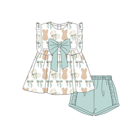 Preorder(moq 8)Baby Girls Rabbits Chicks Bow Top Tunic Shorts Easter Clothes Sets