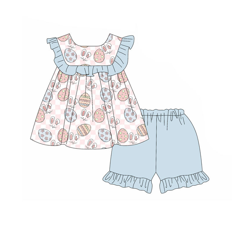 Preorder(moq 5) Baby Girls Pink Checked Rabbits Eggs Tunic Ruffle Shorts Easter Clothes Sets