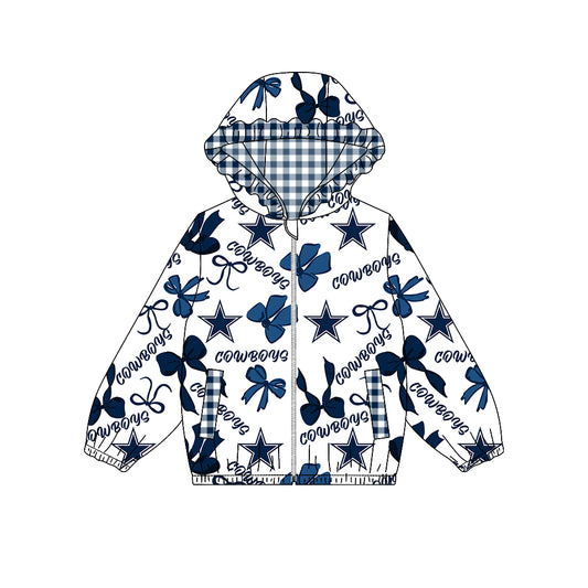 Preorder (moq 5)Baby Girls Bows Cowboys Pockets Zipper Team Hoodie Jackets Top