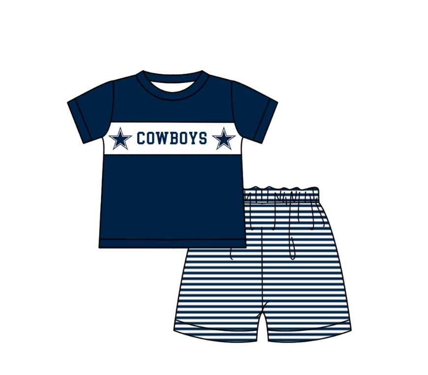 Preorder (moq 5)Baby Boys Hot Blue Short Sleeve Cowboys Top Stripe Shorts Team Clothes Sets