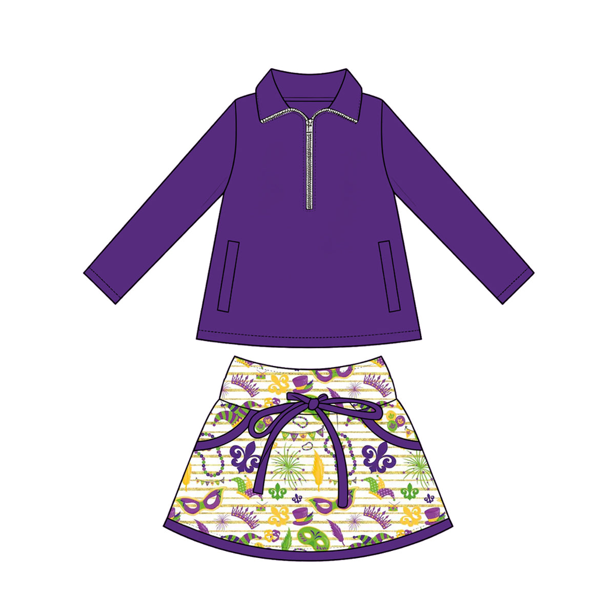 Preorder (moq 5) Baby Girl Clothes Mardi Gras Mask Fleur De Lis Feather Bead Print Purple Long Sleeve Half Zip Top Bow Skirt Set