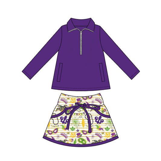 Preorder (moq 5) Baby Girl Clothes Mardi Gras Mask Fleur De Lis Feather Bead Print Purple Long Sleeve Half Zip Top Bow Skirt Set