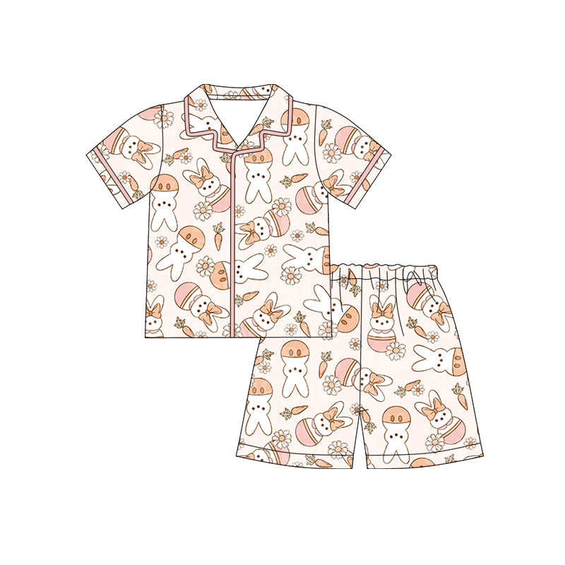 Preorder (moq 5)Baby Girls Rabbits Carrots Flowers Button Top Shorts Easter Pajamas Sets