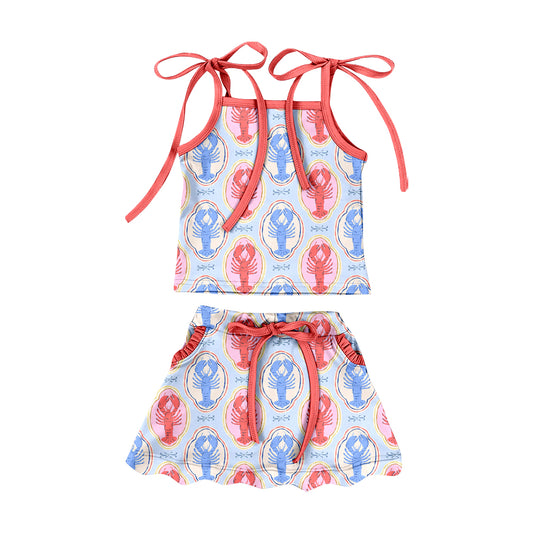 Preorder (moq 5)Baby Girls Red Blue Crayfishes Top Pockets Scallop Skirt Shorts Swimsuits Clothes Set