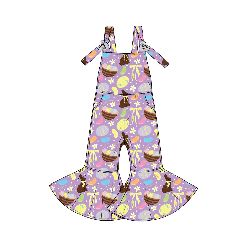Pre-order(moq5)  Cute Girls Easter Sleeveless Tie Strap Flared Jumpsuit with Pockets
