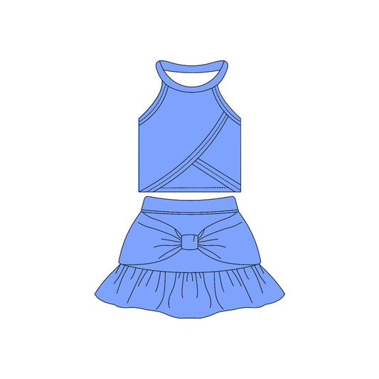Preorder moq 10 Baby Girls Blue Sleeveless Vest Top Bow Ruffle Short Skirts Activity Wear Yoga Set
