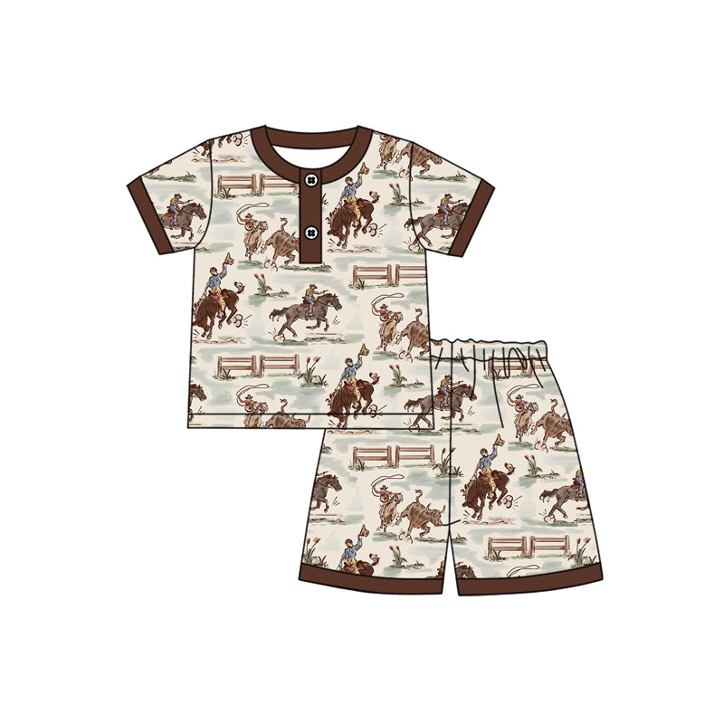 Preorder moq 5 Baby Boys Brown Short Sleeves Horse Rodeo Button Top Shorts Pajamas Set