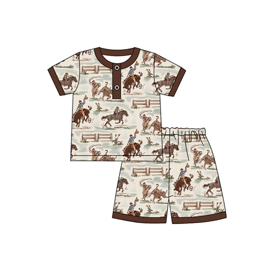 Preorder moq 5 Baby Boys Brown Short Sleeves Horse Rodeo Button Top Shorts Pajamas Set