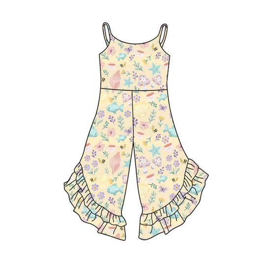 Preorder(moq 5) Baby Girls Strap Fishes Flowers Ruffle Bell Bottom Jumpsuits
