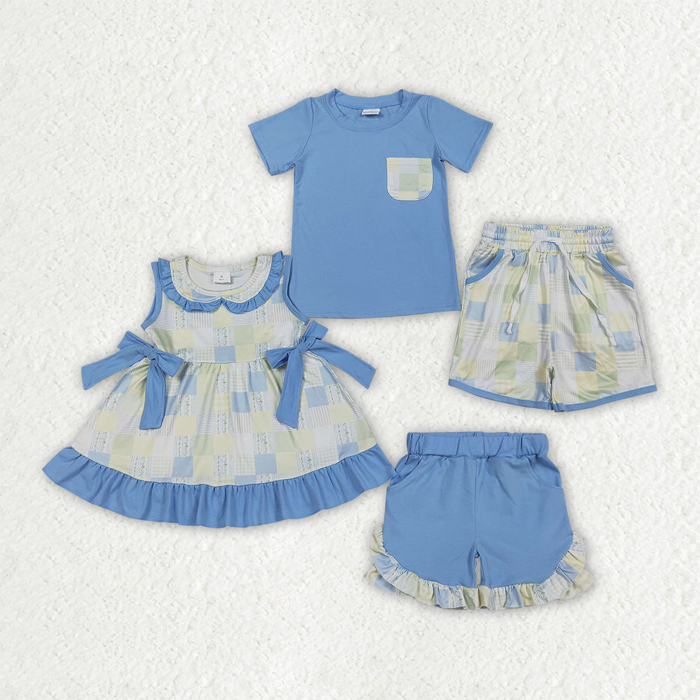 Sibling Baby Boys Girls Flowers Checked Tunic Short Clothes Sets
