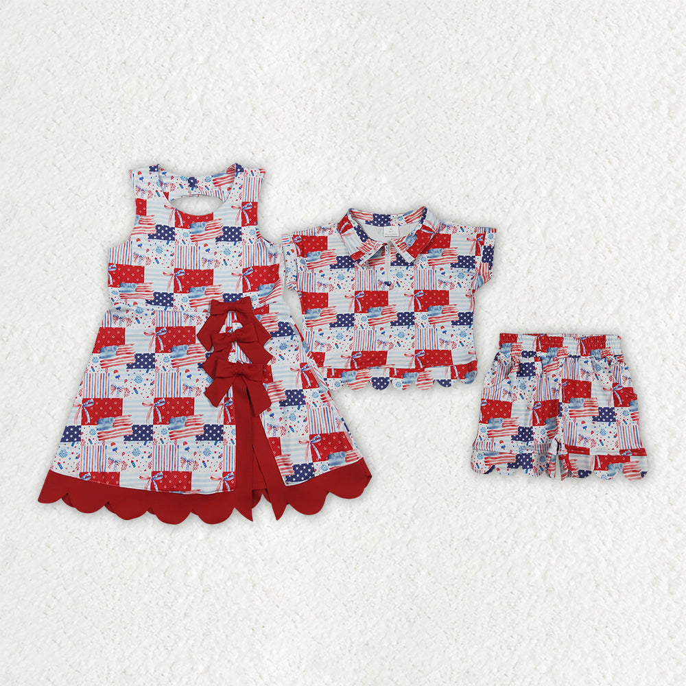 Sibling Baby Girls Flags Stars 4th of July Yoga Active Knee Length Dress Scallop Clothes Sets