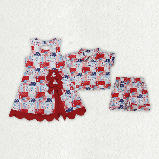 Sibling Baby Girls Flags Stars 4th of July Yoga Active Knee Length Dress Scallop Clothes Sets