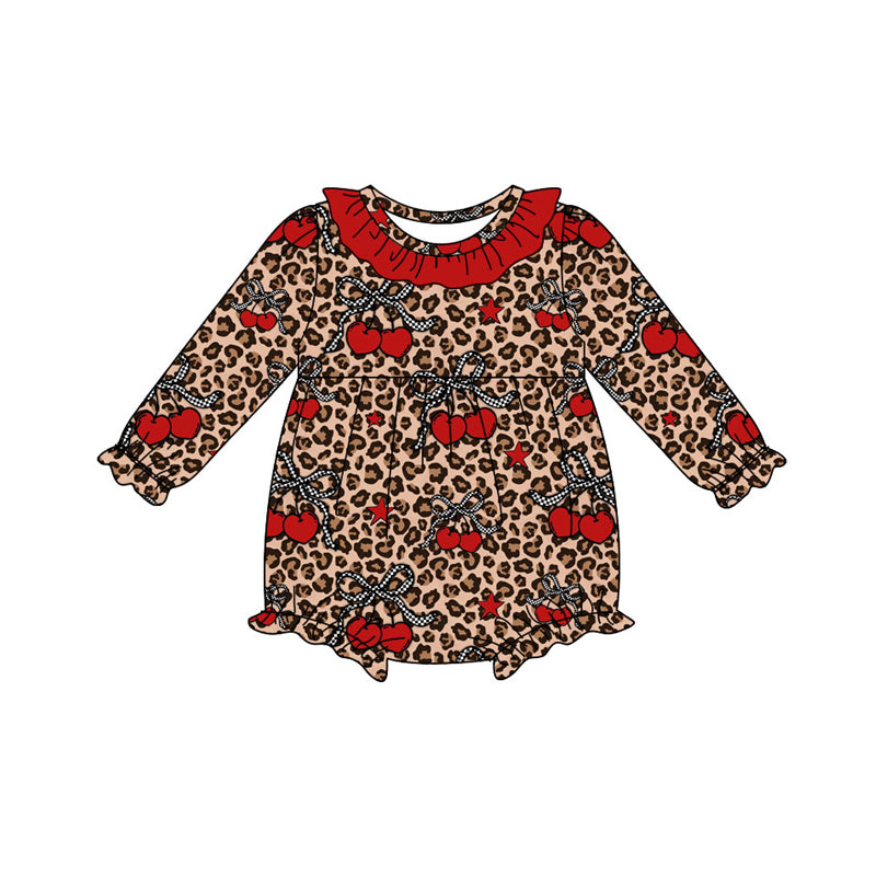 Preorder (moq 5)Baby Girls Red Cheer Bows Leopard Ruffle Rompers