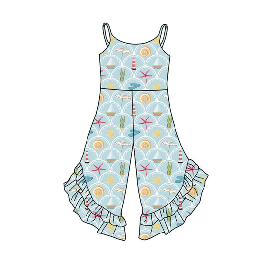 Preorder(moq 5) Baby Girls Strap Sea World Checked Ruffle Bell Bottom Jumpsuits