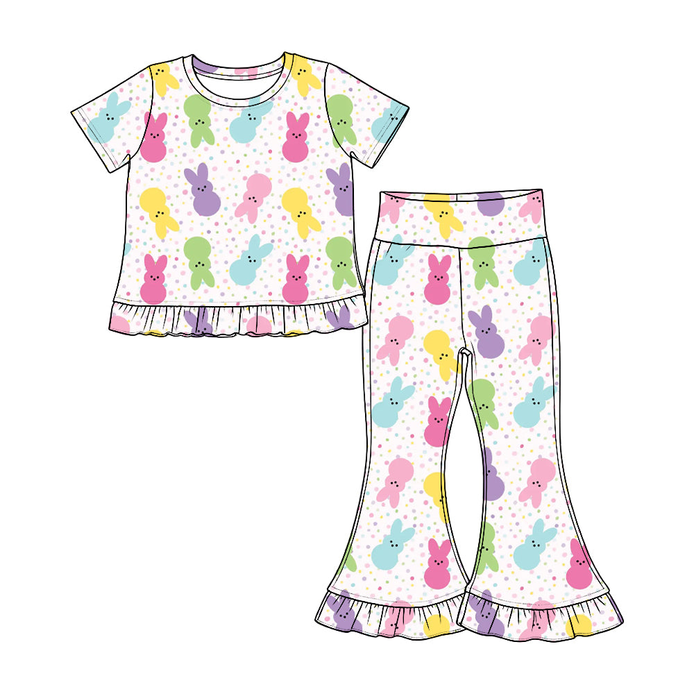 Preorder(moq 5) Girls Ruffle Short Sleeve Top & Ruffle Flare Pants Set Kids Two‑Piece Casual Outfit Set