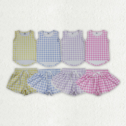 Sibling Baby Girls Checked Vest Top Butterfly Shorts Yoga Active Clothes Sets