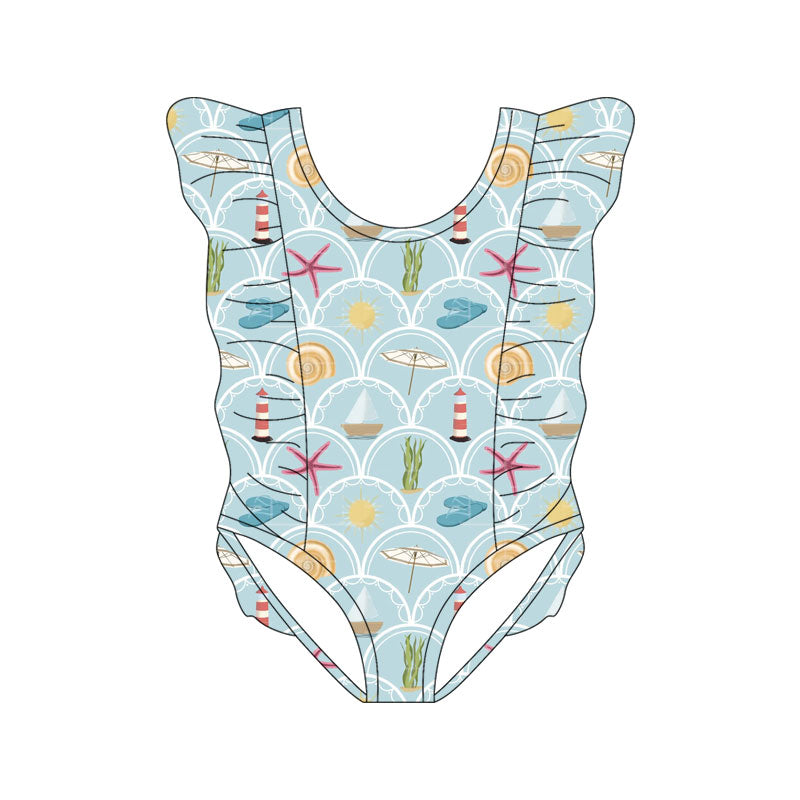 Preorder(moq 5) Baby Girls Sea World Checked Ruffle Swimsuits