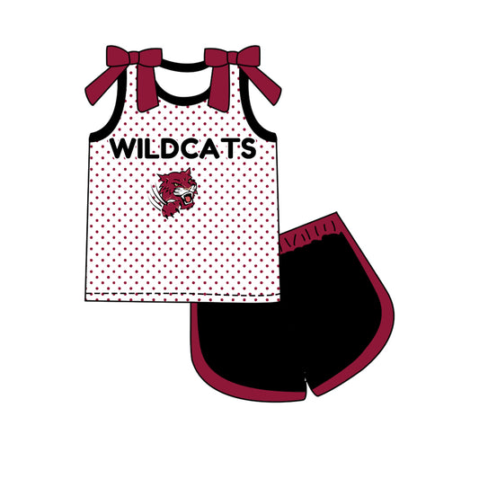 Preorder (moq 5)Baby Girls Bows Wildcats Polka Dots Top Short Team Clothes Set
