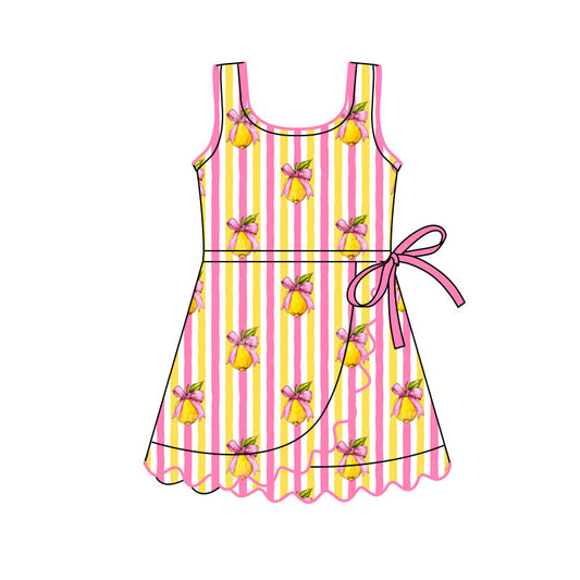 Preorder(moq 5) Baby Girls Pink Yellow Stripe Bows Lemons Ruffle Knee Length Dresses
