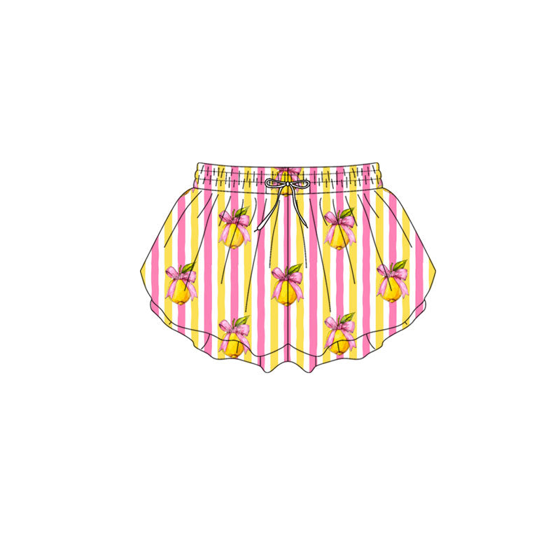 Preorder(moq 5) Baby Girls Pink Yellow Stripe Bows Lemons Ruffle Shorts Bottom
