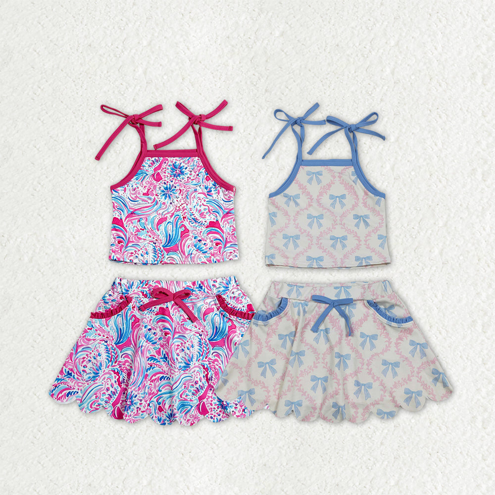 Sibling Baby Girls Strap Flowers Bows Top Pockets Skirt Short Yoga Active Clothes Sets