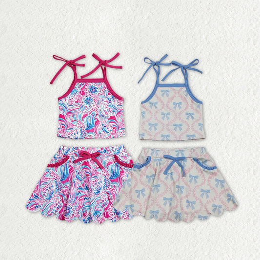 Sibling Baby Girls Strap Flowers Bows Top Pockets Skirt Short Yoga Active Clothes Sets