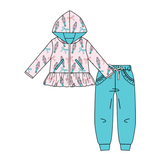 Preorder (moq 5)Baby Girls Bows Soldiers Zip Pockets Hoodie Jogger Christmas Clothes Set