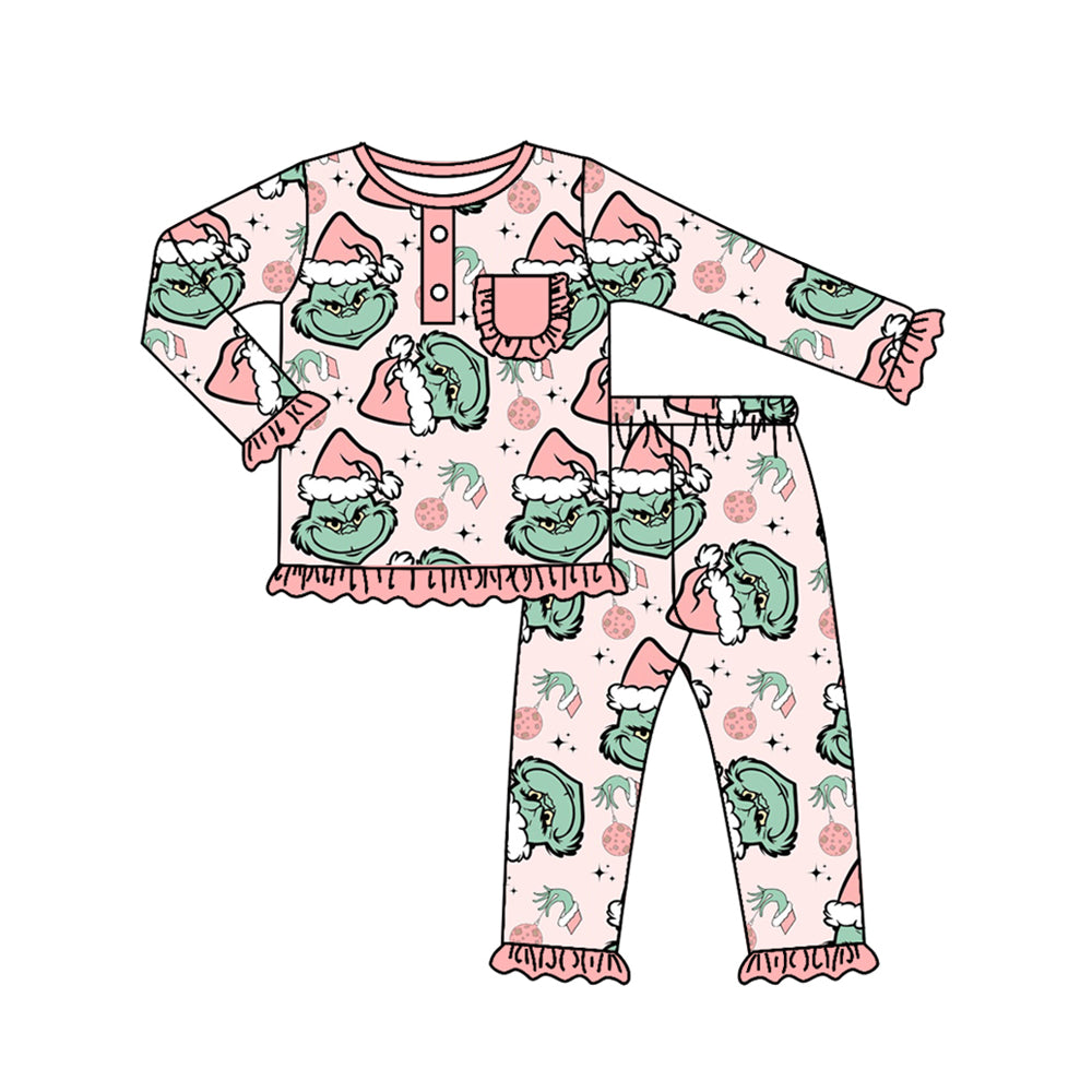 Baby Girls Pink Christmas Frog Pajamas Clothes Sets preorder(moq 5)