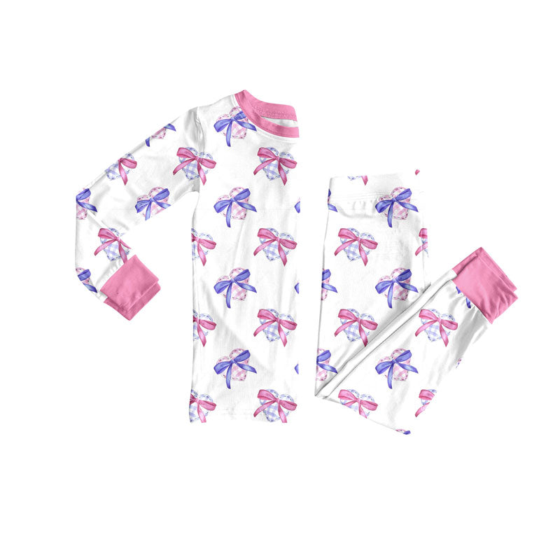 Preorder(moq 5) Baby Girls Checked Hearts Bows Top Pants Valentine Pajamas Sets