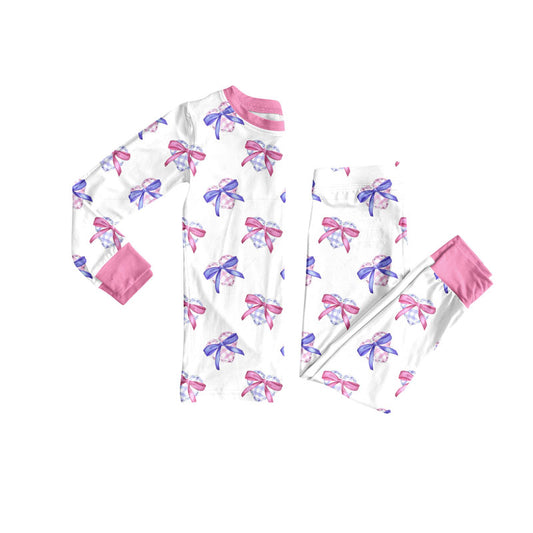 Preorder(moq 5) Baby Girls Checked Hearts Bows Top Pants Valentine Pajamas Sets