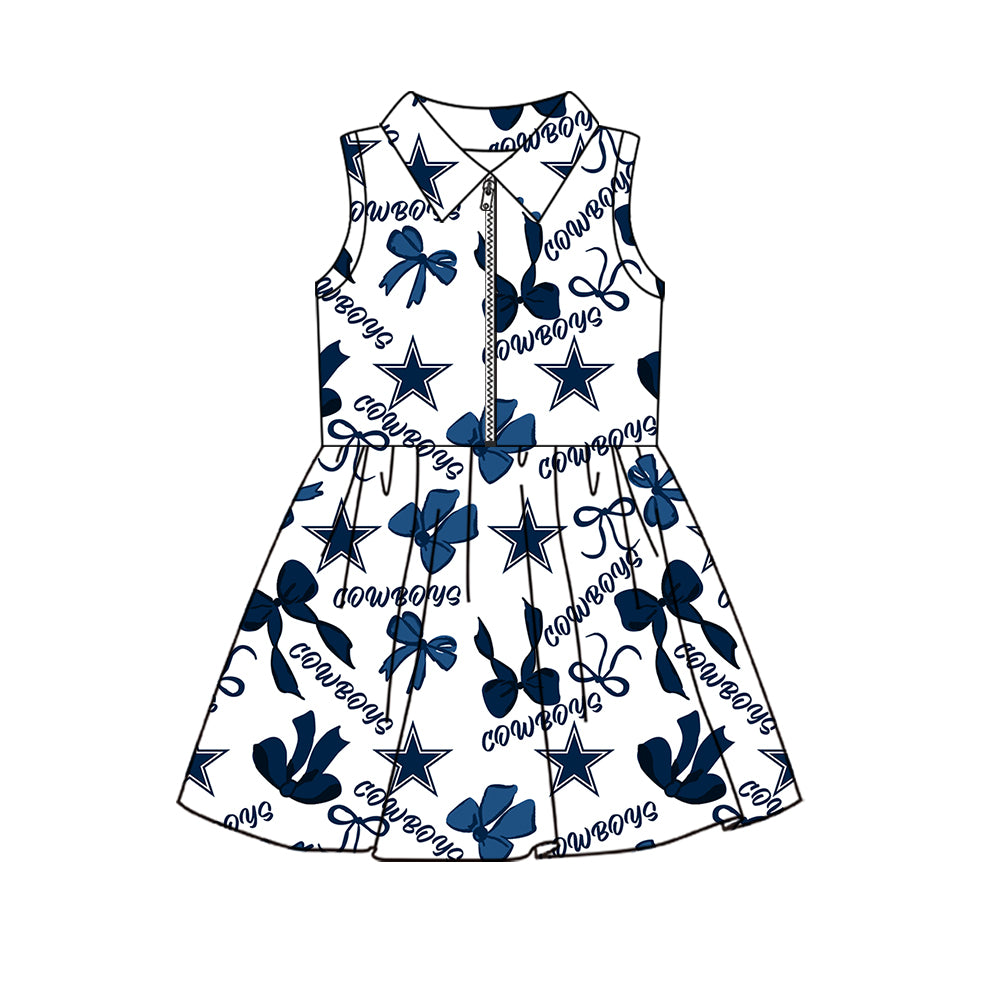 Preorder (moq 5)Baby Girls Sleeveless Bows Cowboys Team Zip Short Knee Length Dress