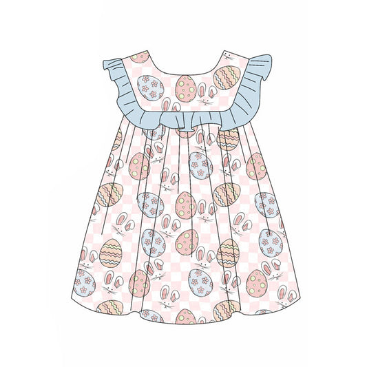 Preorder(moq 5) Baby Girls Pink Checked Eggs Rabbits Easter Knee Length Dresses
