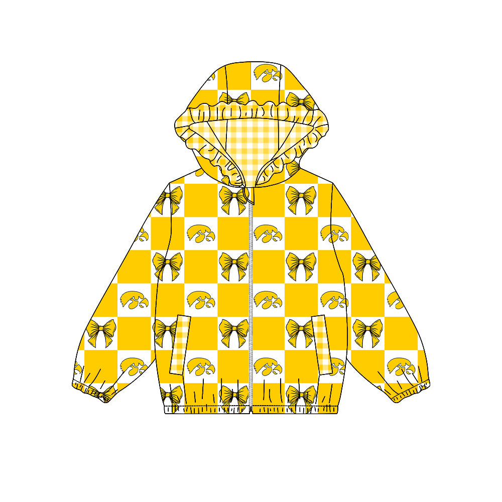 Preorder (moq 5) Baby Girls Bows Lowa Hawkeyes Checked Team Ruffle Hoodie Tops