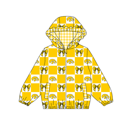 Preorder (moq 5) Baby Girls Bows Lowa Hawkeyes Checked Team Ruffle Hoodie Tops
